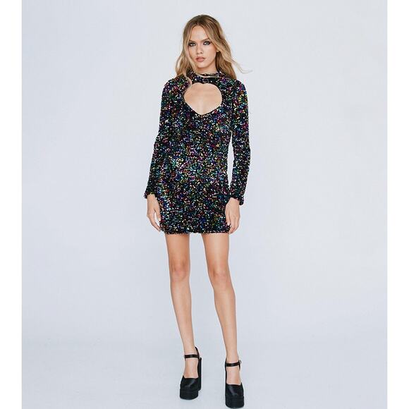 Nasty Gal Heart Cut Out Sequin Bodycon Mini Dress Size 14 (US) Black NWT - Picture 1 of 10
